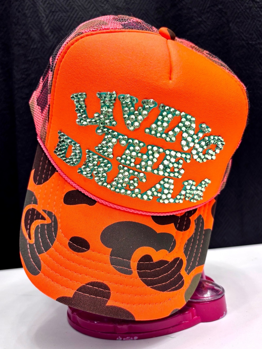 Neon Orange Rhinestone 'Living the Dream' Trucker Hat